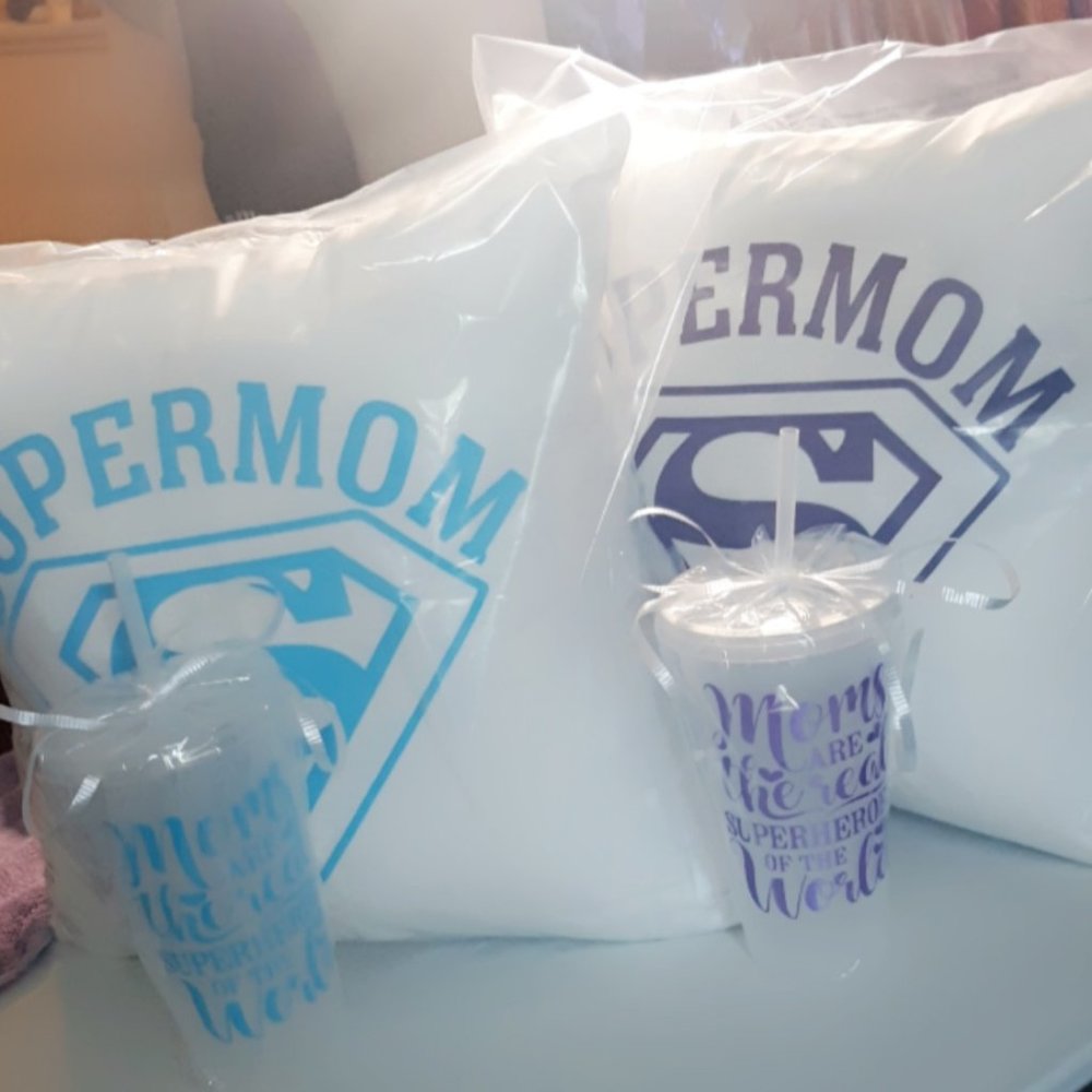 Customized Supermom pillow with matching cup set